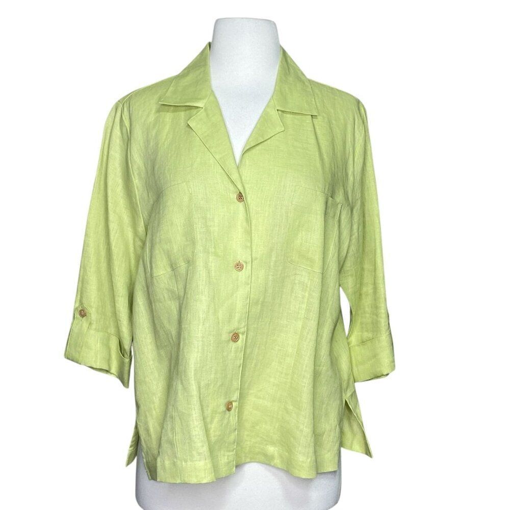 Preston & York 100% Linen Button Front Blouse Lime Green Size 14